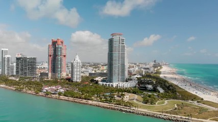 South Pointe Park and Miami canal and skyline, aerial view, Florida