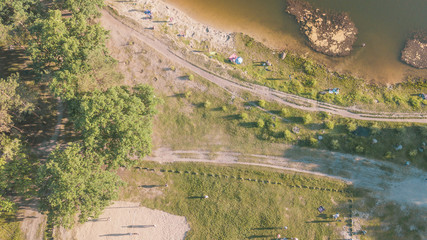 Aerial view of the people at a picnic in a summer park