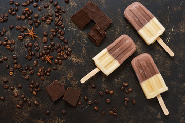 Chocolate ice cream on a stick. Coffee-chocolate ice cream on a stick. The view from above, flat lay. Place for your text.