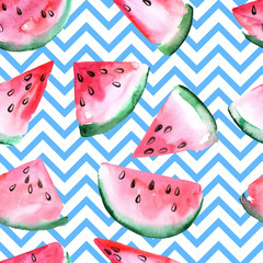 Watercolor seamless pattern with slices of watermelon.