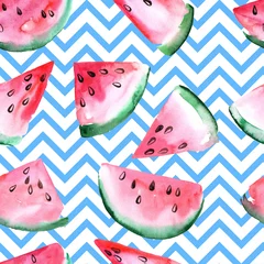 Foto op Plexiglas anti-reflex Watermeloen Aquarel naadloze patroon met plakjes watermeloen.