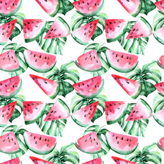 Watercolor seamless pattern with slices of watermelon and tropical leaves.