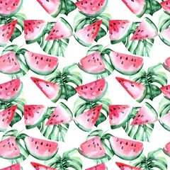 Wallpaper murals Watermelon Watercolor seamless pattern with slices of watermelon and tropical leaves.