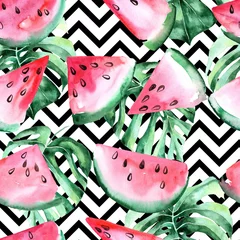Behang Watermeloen Aquarel naadloze patroon met plakjes watermeloen en tropische bladeren.