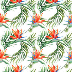 Watercolor seamless pattern with tropical leaves and flowers.