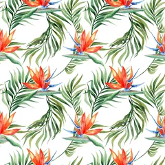 Washable wall murals Paradise tropical flower Watercolor seamless pattern with tropical leaves and flowers.