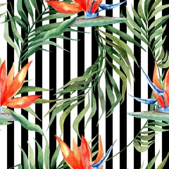 Papier Peint photo Paradis fleur tropicale Modèle sans couture aquarelle avec des feuilles et des fleurs tropicales.