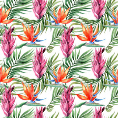 Watercolor seamless pattern with tropical leaves and flowers.