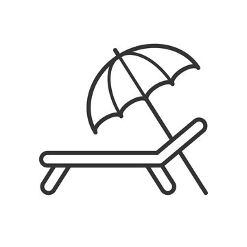 Black isolated outline icon of chaise lounge with umbrella on white background. Line Icon of chaise longue.