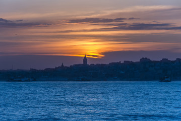 Istanbul, Turkey, 24 May 2007: Sunset of the Galata Tower in the Karakoy district of Istanbul.