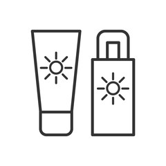 Black isolated outline icon of sunscreen on white background. Line Icon of sun block.