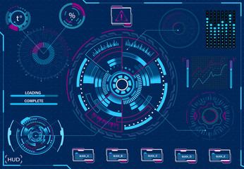 Computer management. Diagnostic equipment. Virtual graphic interface, electronic lens, HUD elements. illustration