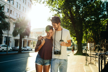 Tourist couple in romantic mood outdoors