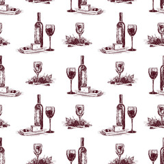 Pattern of wine bottles and glasses with cheese