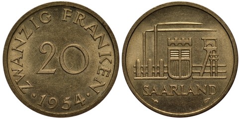 Saarland coin 20 twenty francs 1954, denomination in circular inscription, smoking chimneys, mine...