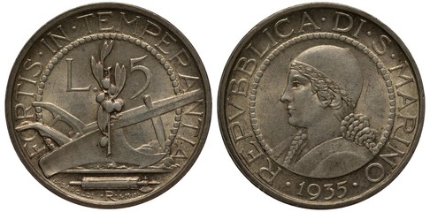 San Marino silver coin 5 five lira 1935, olive branch, plow, fascine, woman head with braids in circle of beads, date below,