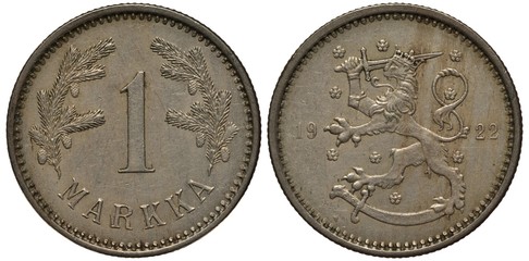 Finland Finnish Suomi coin 1 one marka 1922, figure of value flanked by spruce branches with cones, crowned lion with sword among stars, sheath below, - obrazy, fototapety, plakaty