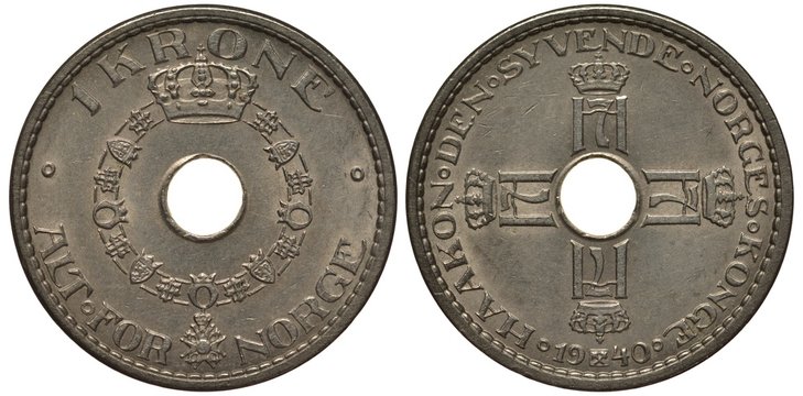 Norway Norwegian coin 1 one krone 1940, collar of the order round central hole, crown on top, cruciform pattern made of monograms of Haakon VII,   