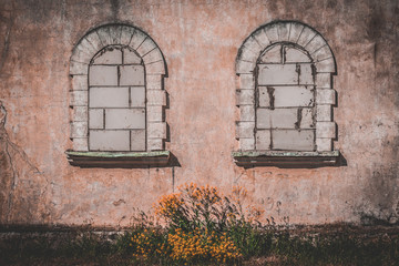 Two old arch windows covered with the bricks, yellow flowers in the center.