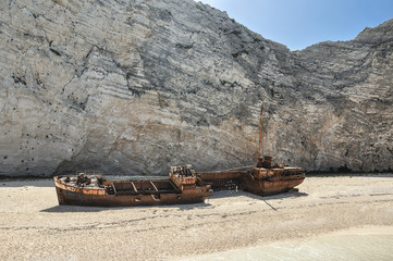 View from boat on the most famous and beautiful vacation summer beach in the world - Navagio on...