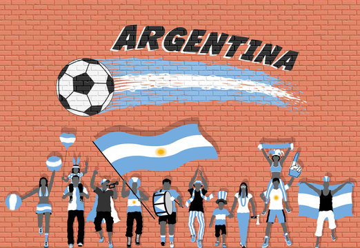 Argentinian football fans cheering with Argentina flag colors in front of soccer ball graffiti