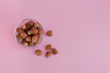 Hazelnuts in glass jar on pink background