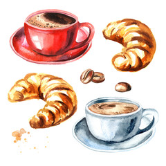 Cup of morning coffee and croissant set. Watercolor hand drawn illustration, isolated on white background