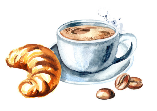 Cup of morning coffee and coffee beans. Watercolor hand drawn illustration, isolated on white background
