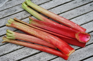 Fresh stalks of green and red rhubarb in the spring