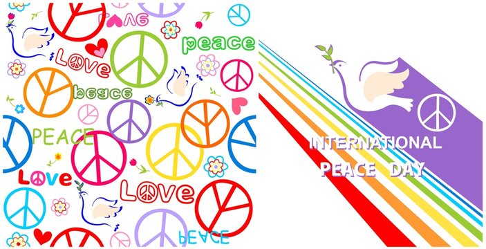 Greeting card with dove, peace symbol and rainbow for International Peace day and hippie wallpaper