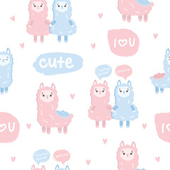 Seamless pattern with cute llamas. Print with adorable objects on background, pastel colors