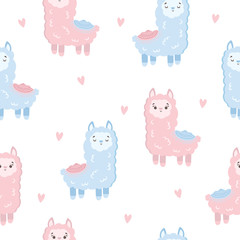 Seamless pattern with cute llamas. Print with adorable objects on background, pastel colors