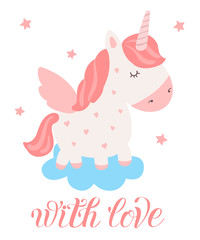 Vector postcard with cute unicorn. Poster with adorable magic animal on background, pastel colors.
