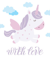 Vector postcard with cute unicorn. Poster with adorable magic animal on background, pastel colors.