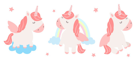 Vector set of cute unicorns. Adorable magic animal on background, pastel colors.