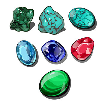 Set of precious stones isolated on white background. Vector cartoon close-up illustration.