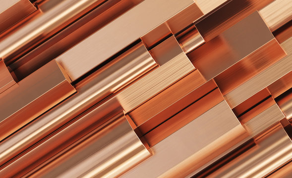 Copper rods of different types. Round, square, hexagonal rolled metal products. 3d illustration. 