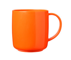 Plastic orange mug on white background. Clipping path