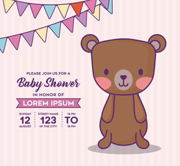 baby shower invitation template with decorative pennants and cute bear over pink background, colorful design. vector illustration