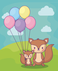 cute squirrels with balloons over landscape background, colorful design. vector illustration
