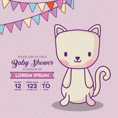 baby shower invitation template with decorative pennants and cute cat icon over purple background, colorful design. vector illustration