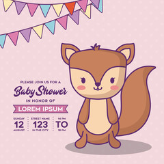 baby shower invitation template with decorative pennants and cute fox icon over pink background, colorful design. vector illustration