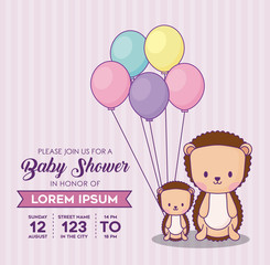 baby shower invitation template with decorative pennants and cute porcupines with balloons over pink background, colorful design. vector illustration