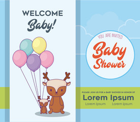 Baby shower invitation template with cute deers with colorful ballons over blue background, vector illustration