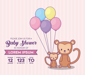 Baby shower invitation template with cute monkeys with colorful ballons over pink background, vector illustration