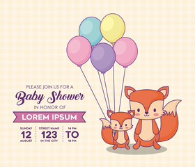Baby shower invitation template with cute foxes with colorful ballons over orange background, vector illustration