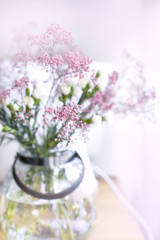 Bouquet of white ranunculus in glass vase near the window, Copy space,