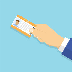 Hand holding the id card. Vector illustration in flat style