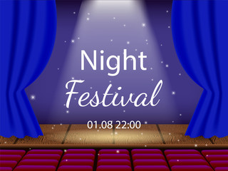 Vector illustrationl. Empty theater stage and opened curtains. Auditorium with empty seats. Night show.