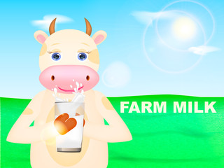 Happy cartoon cow with glass of milk on the green meadow. Vector illustration
